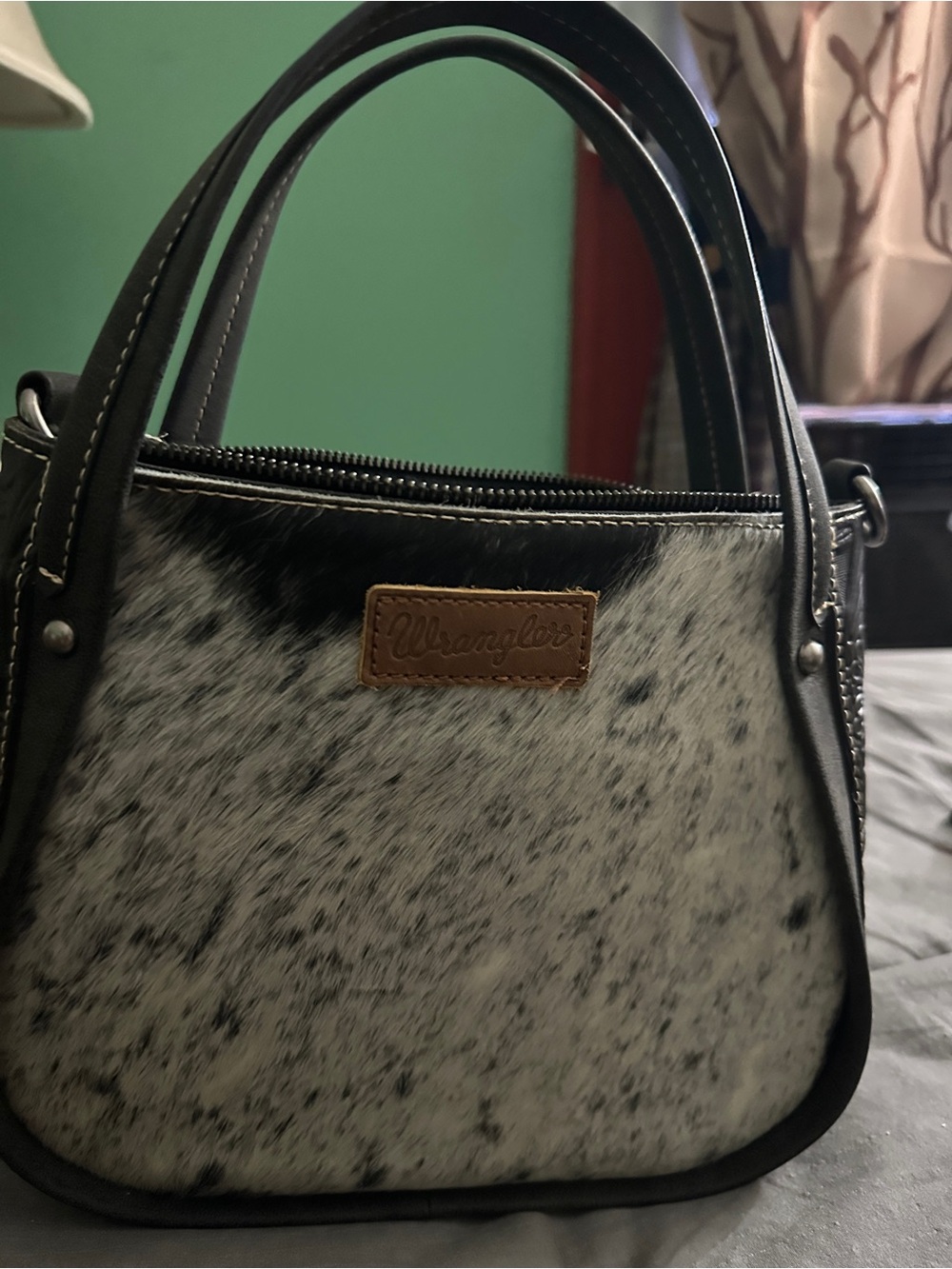 Wrangler Black and White Speckled Mini Handbag with Brown Leather Trim